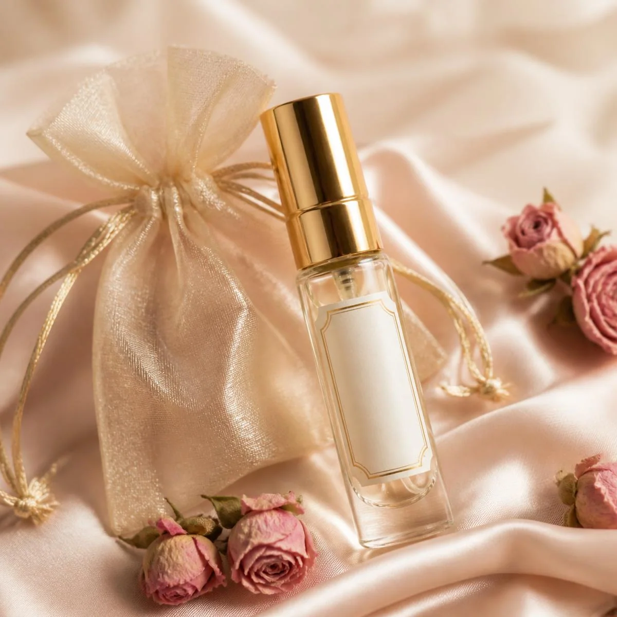 A custom perfume bottle and keepsake pouch