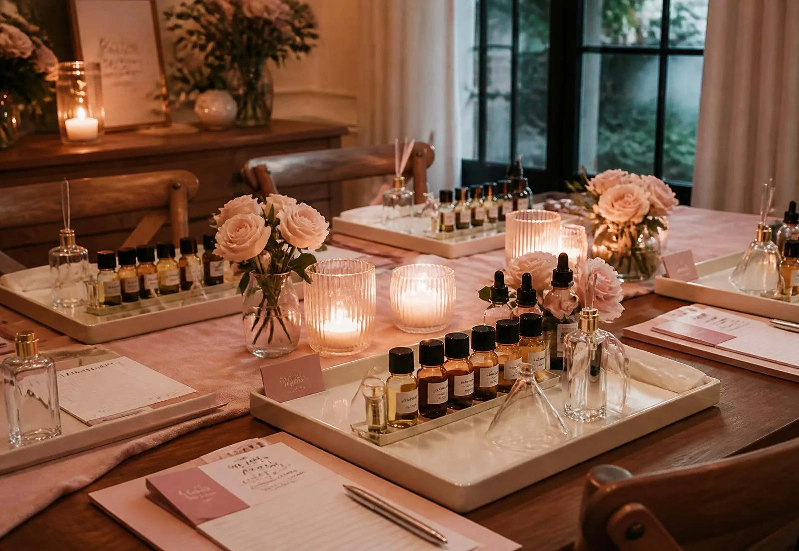 An intimate perfume making class table set with fragrance oil vials, funnels, empty bottles and roses