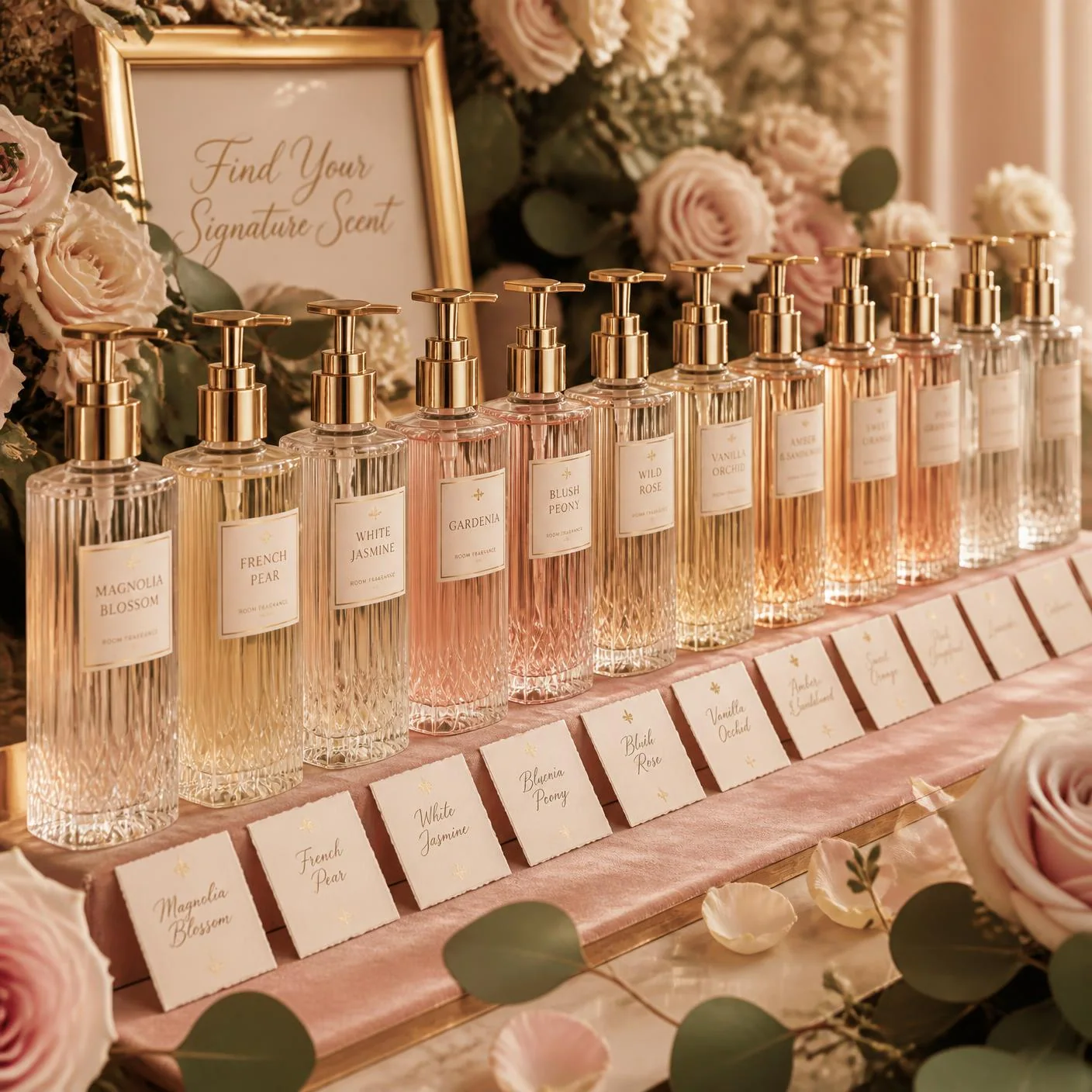Twelve glass fragrance dispensers with gold pumps lined up on a blush velvet runner