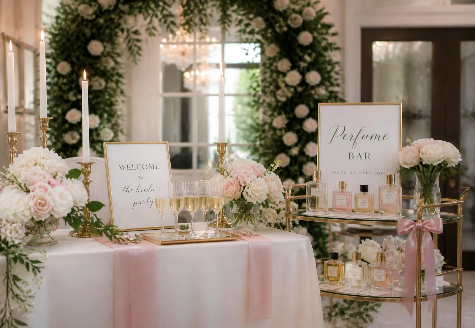 An elegant event table styled with a gold perfume bar cart, blush florals and candles