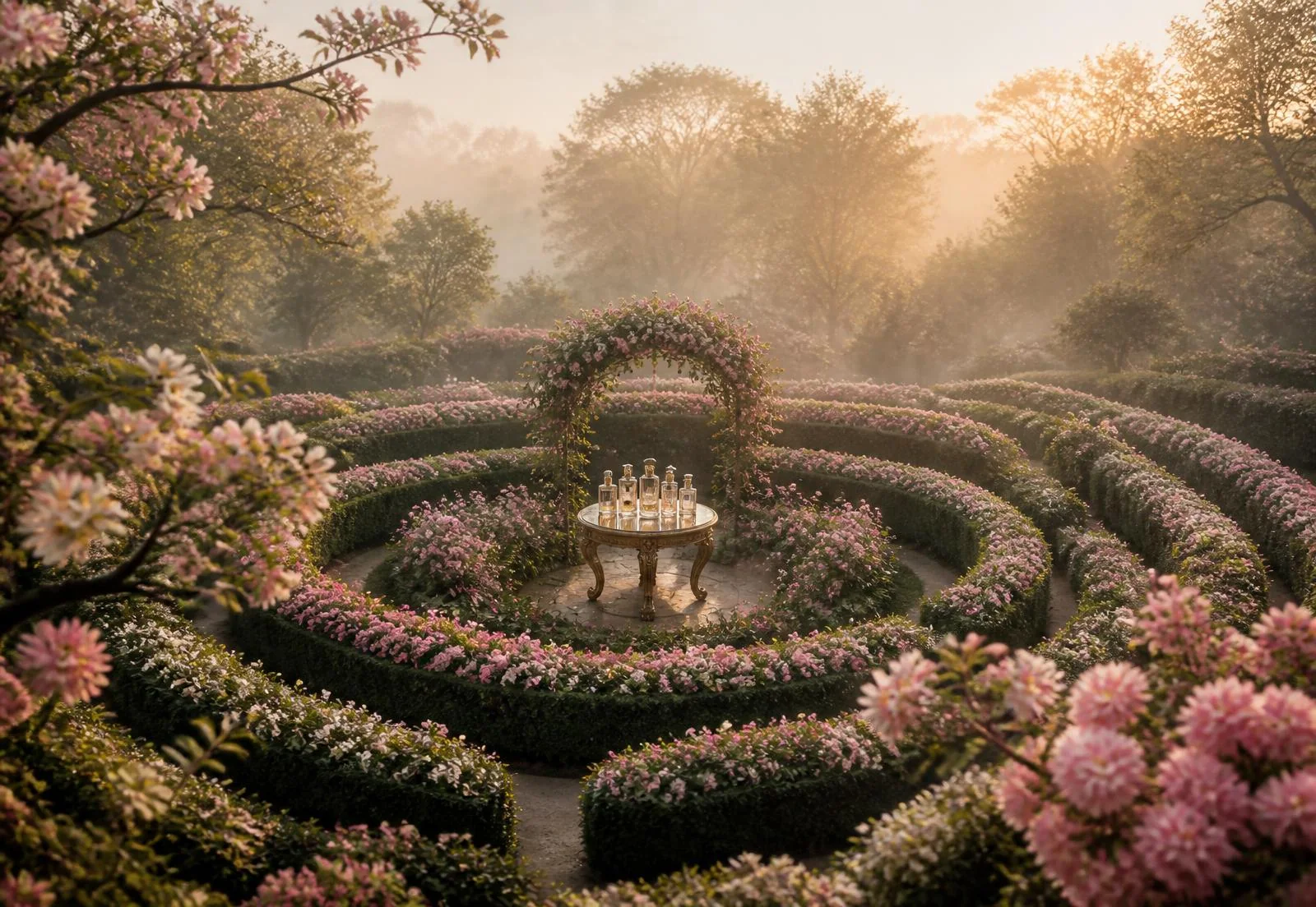 A blooming garden labyrinth in morning mist with an elegant perfume table at its center