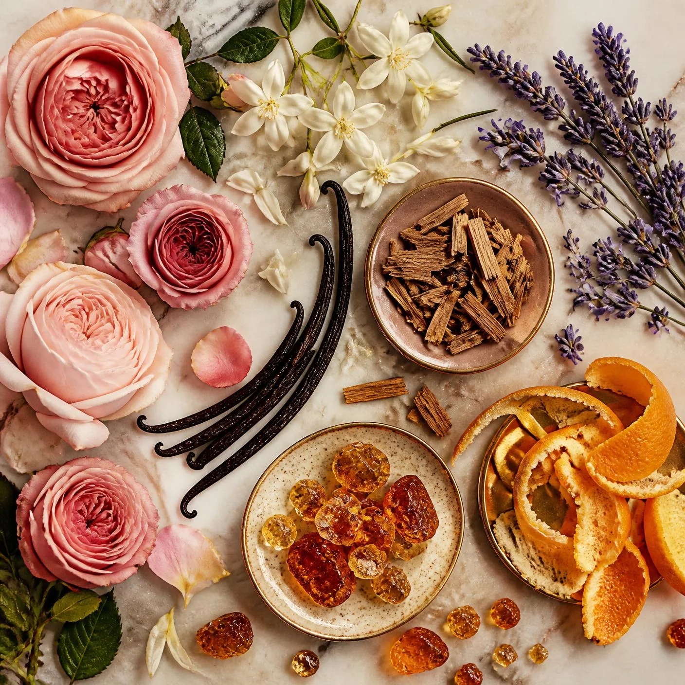 Flat lay of perfume ingredients: roses, jasmine, lavender, vanilla pods, citrus peel, cedar and amber resin